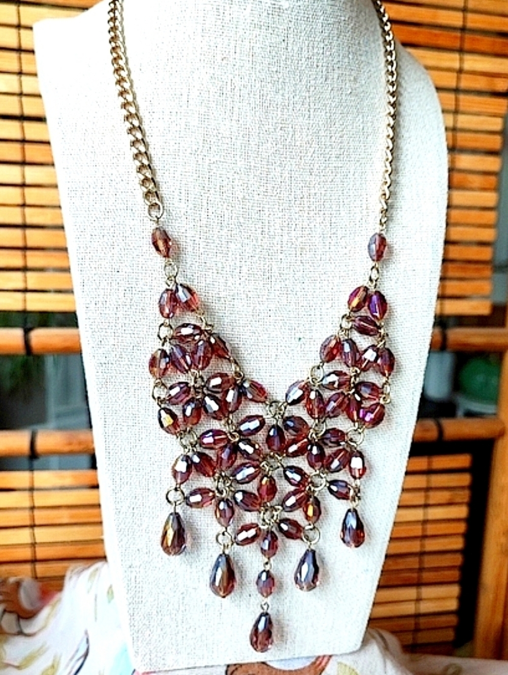 Pink Lilac Lavender Aurora Borealis Glass Teardrop Beaded Bib Statement Necklace